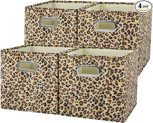 ANMINY Leopard Cheetah Print Storage Cubes Bins, Velvet, Brown, 13Inch 4PCS | Collapsible & Washable, PP Board Frame, Built-in Metal Handles, Animal Themed Fabric Cubes Baskets for Closet Shelves Decor