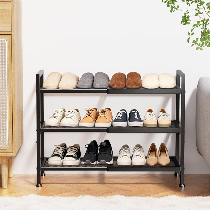 3 Tier Shoe Rack, Expandable Shoe Rack for Closet, Adjustable Shoe Organizer for Entryway, Shoe Storage Organizer for Door Entrance, Garage, Bedroom