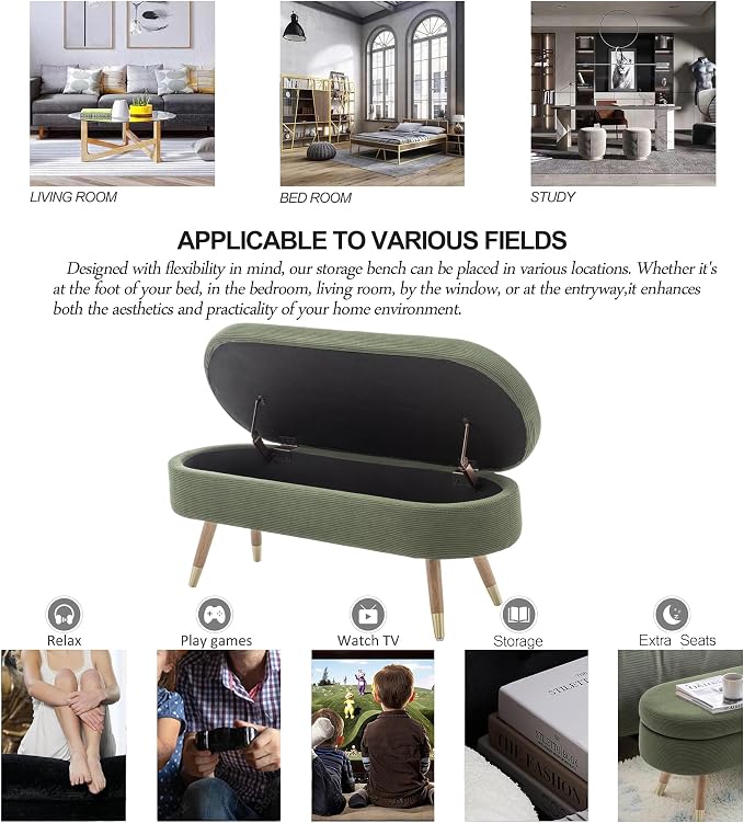 IAFIKE Oval Storage Bench 43.5" Ottoman Bench Upholstered Boucle Fabric Footrest Bench with Golden Metal Legs End of Bed for Bedroom, Living Room, Entryway,Bed Side (Dark Green)