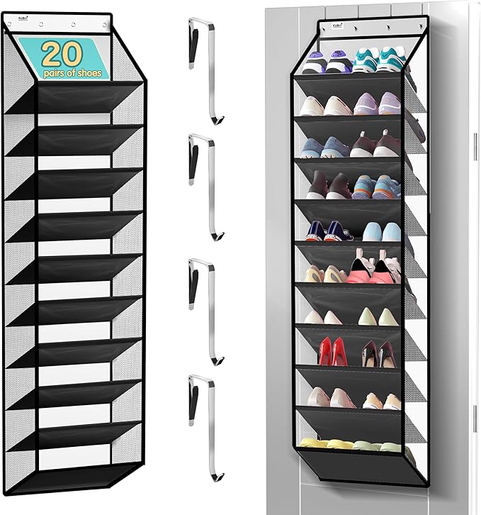 Kotkn 10 Tier Hanging Shoe Rack - Heavy Duty Behind The Door Hanging Shoe Rack, Sturdy Oxford Cloth, 20+ Pairs Over The Door Shoe Cabinet for Boots and Sneakers - Save 50% Closet Space! (Piano White)