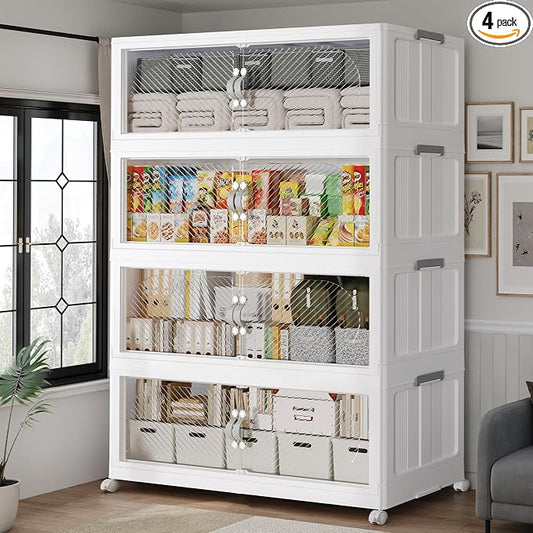 640QT Extra Large Stackable Storage Bins with Lid, 160Gal Plastic Closet Organizers and Storage Drawer, Collapsible Cabinet Box with Wheels Clear Doors for Home Kitchen Garage, 4Pack White