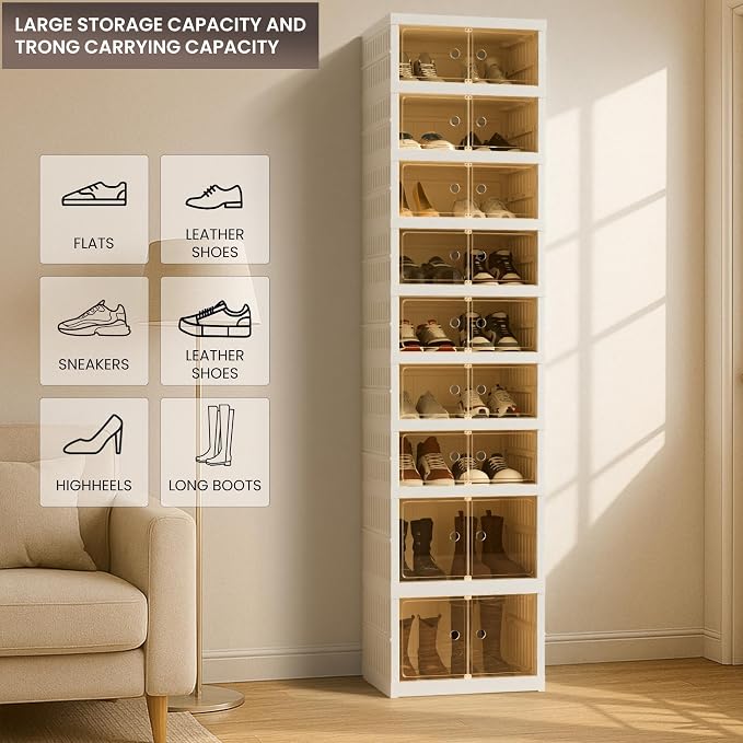Foldable Shoe Organizer Storage Box Set of 4, Portable Extra Large Folding Shoe Rack for Closet, Shoe Storage Box with Magnetic Transparent Door and Wheels, 9 Layers 18 Grids with 4 Big Grids
