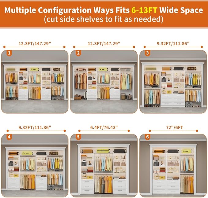 Closet System with 6 Drawers, 6-12.3FT Closet Organizer System Wood with 8 Shelves & 6 Expandable Hanging Rods, Closet Systems Kit for Walk in Closets, Modular Closet Organizer Systems, 2 Sets,White
