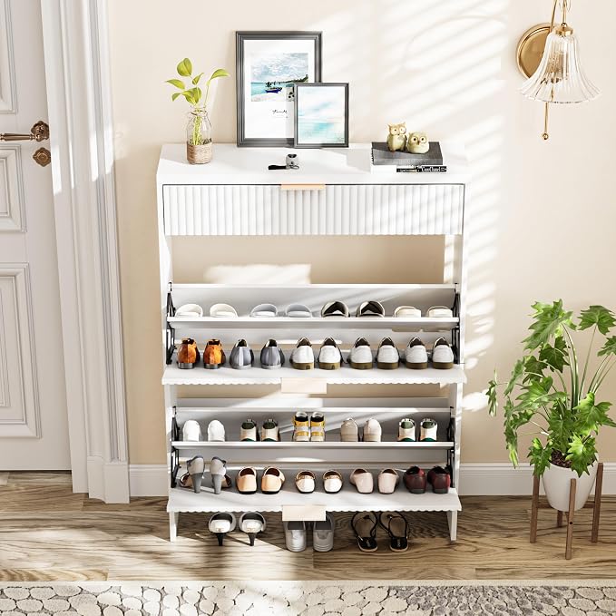 Fluted Shoe Cabinet Storage with 2 Flip Drawers & 1 Drawers, Wood Narrow Hidden Shoe Cabinet with Shelf for Entryway, Freestanding Slim Shoe Rack Organizer for Hallway Living Room(White)