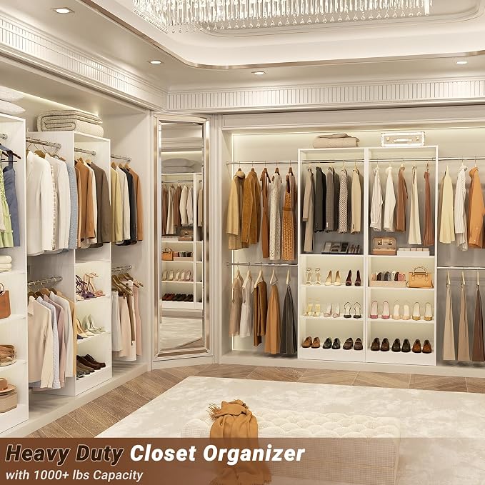 Closet System, 4.5-11.5 Ft Expandable Closet Organizer, White | 5 Hanging Rods, Walk-in Wood Closet Organizer System with Storage Tower, Heavy Duty Garment Rack Wardrobe for Bedroom