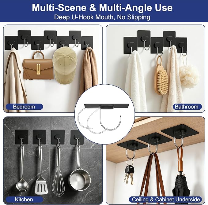 JINSHUNFA Adhesive Wall Hooks Heavy Duty No Drill Large Waterproof Hooks for Bathroom Kitchen Towel Coat 12 Pack Black