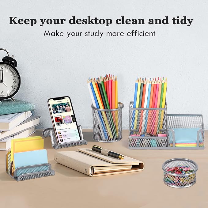 Pen Holder for Desk, 6 Pieces Mesh Desk Organizer set 3 Compartments pens holder, Mail Organizer Home Office Supplies Caddy Storage Baskets for Desktop Accessories(Sliver)