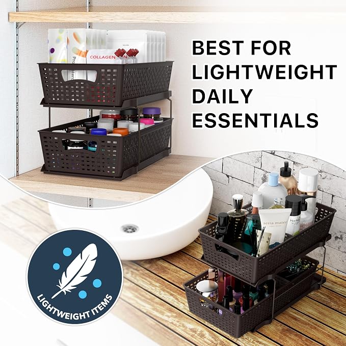 Simple Houseware 2 Tier Pull-Out Sliding Drawer Under Sink Storage, Brown | Great for Kitchen Bathroom Tray Shelf Organizer