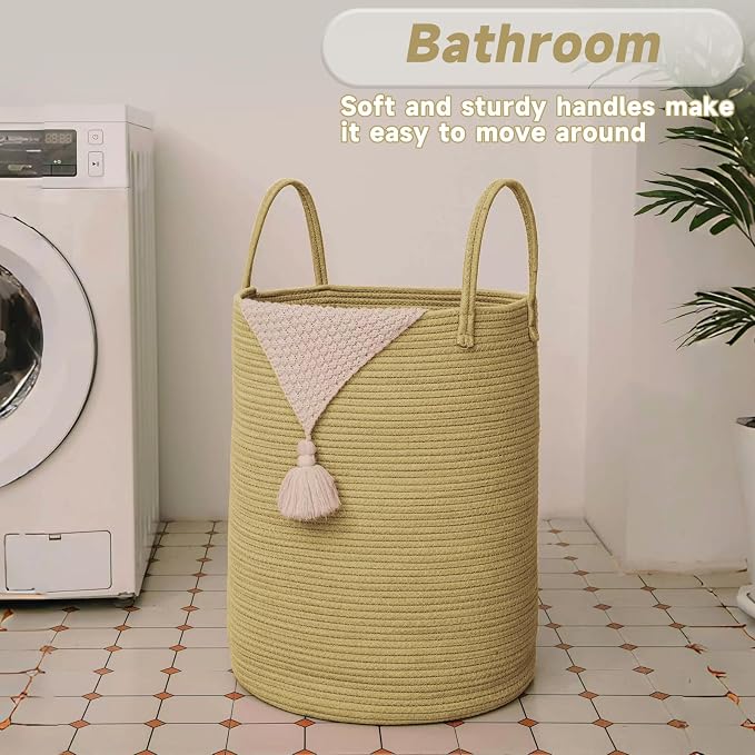 JMvicyroam 80L Cotton Rope Laundry Basket Hamper, Jute | Collapsible laundry basket, reinforced handles, freestanding, machine washable, holds 3-5 thick blankets, clothes or toys