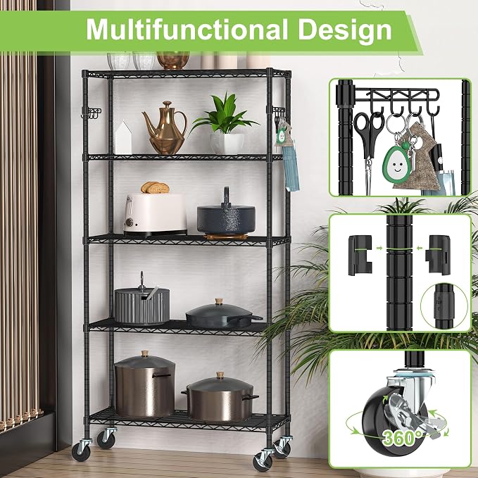 5 Tier Wire Metal Shelving Rack Garage Storage Rolling Shelves with Wheels | Heavy Duty Adjustable Industrial Shelve Steel Sturdy Utility Shelving for Kitchen Garage Pantry Bathroom Laundry