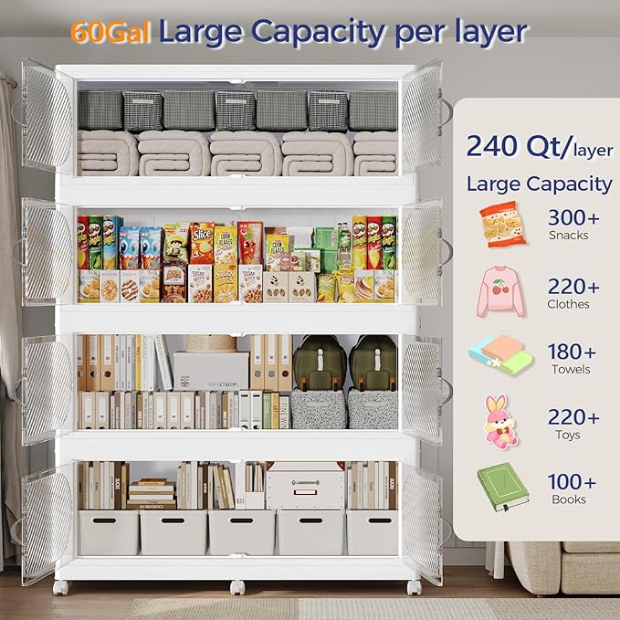 960QT Extra Large Stackable Storage Bins with Lid, 240Gal Plastic Closet Organizers and Storage Drawer, Collapsible Cabinet Box with Wheels Clear Doors for Home Kitchen Office, 4Pack White