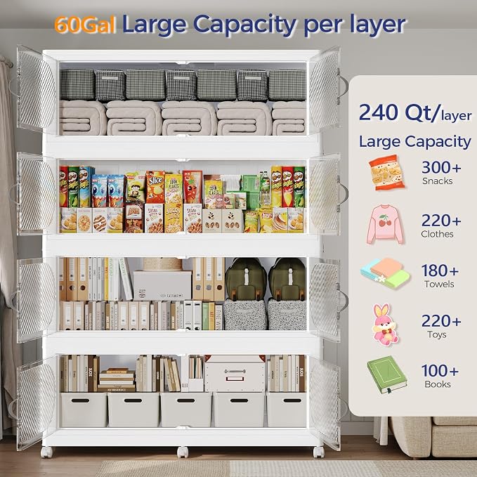 720QT Extra Large Stackable Storage Bins with Lid, 180Gal Plastic Closet Organizers and Storage Drawer, Collapsible Cabinet Box with Wheels Clear Doors for Home Kitchen Office, 3Pack White