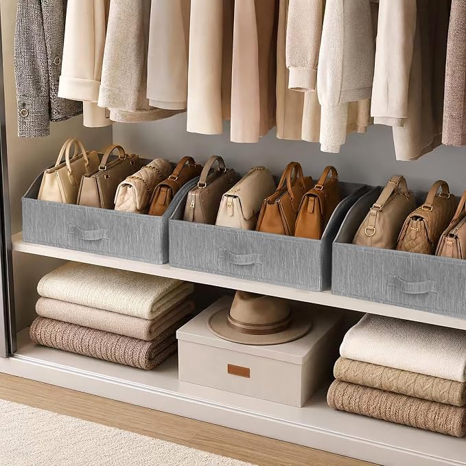 WUIKE Trapezoid Storage Bins for Closet Organizers and Storage, Fabric Closet Bins with Handles, Foldable Storage Baskets for Clothes, Purse, Blanket, Light Gray, Extra Large, 3-Pack