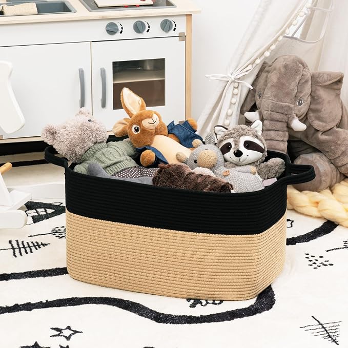 Goodpick Large Wicker Blanket Basket, Rectangle Storage, Black & Camel | 21.6 x 14.9 x 11.8 in, Reinforced Handles, Living Room, Bedroom & Nursery Organization, Toys, Blankets & Clothes Storage