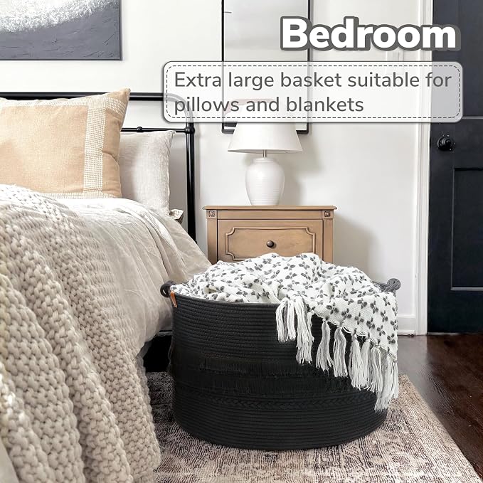 CherryNow 90L Large Woven Rope Blanket Basket with Tassel, 22" x 14", Black | Boho Basket for Toys, Clothes & Pillows Storage, Fits Bedroom Living Room Home Décor, Laundry Hamper with Knotted Handles