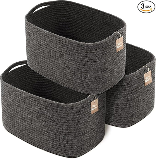 CHAT BLANC Cotton Rope Baskets for Organizing, Shelves, Toys, Storage, Shoe, Bathroom, Laundry, Towel, Nursery, Home Decor, Blanket, Cloth Woven Bins Fabric (Graphite, 15"x10"x9")