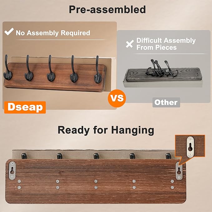 Wall Mounted Coat Rack: Patented, Heavy-Duty, 17.4" Long 5-Double-Hooks Wooden Hanger Rail for Winter Coats, Hat, Jacket, Clothing - Natural & Black