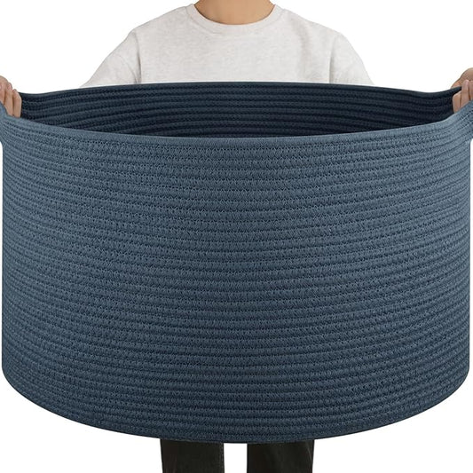 OIAHOMY 90L Extra Large Blanket Basket - Decorative Cotton Rope Storage Basket for Bedroom, Living Room & Nursery - Woven Laundry Hamper for Organizing Blankets, Clothes & Toys - Blue