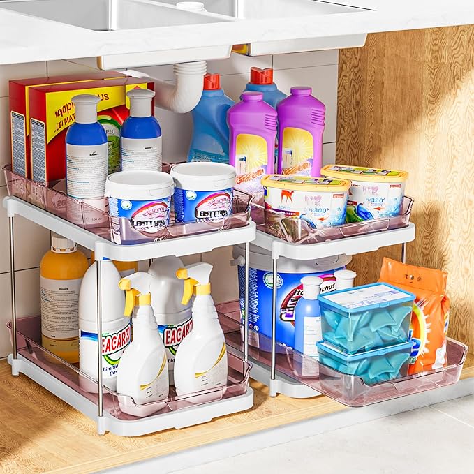 Delamu 2-Tier Multi-Purpose Bathroom Under Sink Organizers and Storage, Stackable Kitchen Pantry Organization, Pull Out Medicine Cabinet Organizer with Movable Dividers, Light Pink, 2 Pack