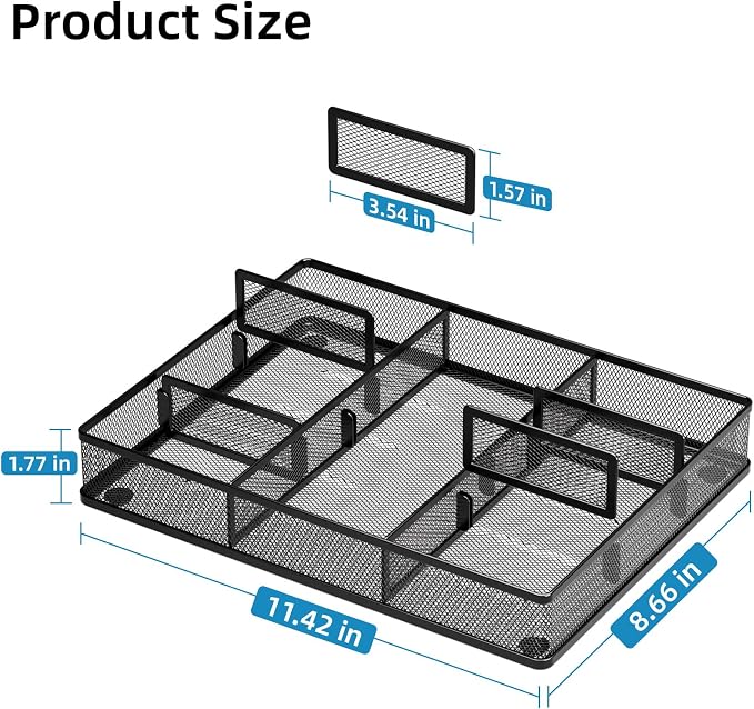Marbrasse 2Pack Desk Drawer Organizer, Metal Mesh Drawer Organizer Tray with 5 Adjustable Compartments,Desk Organizers and Accessories for Home,Office,Kitchen,Makeup,Vanity (Black)