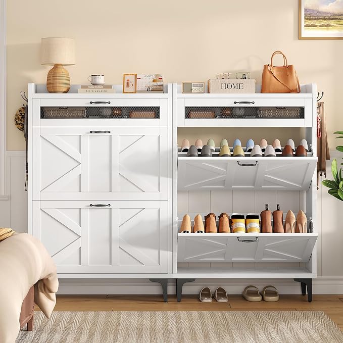 Shoe Cabinet with 2 Flip Drawers & Top Drawer, Farmhouse Narrow Shoe Storage Cabinet with Adjustable Shelves & Hooks, Freestanding Hidden Slim Shoe Rack Cabinet for Entryway, Hallway, White