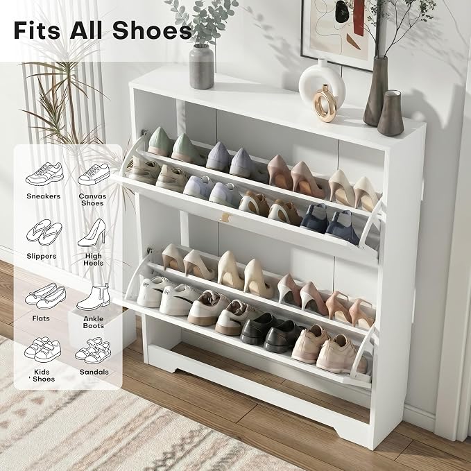 Nicetree Shoe Cabinet with 2 Flip Drawers, Modern Entryway Organizer, White | Narrow Shoe Organizer, Freestanding Shoe Rack Cabinet, Modern Shoe Storage Cabinet for Entryway, Hallway, Foyer, With Hook