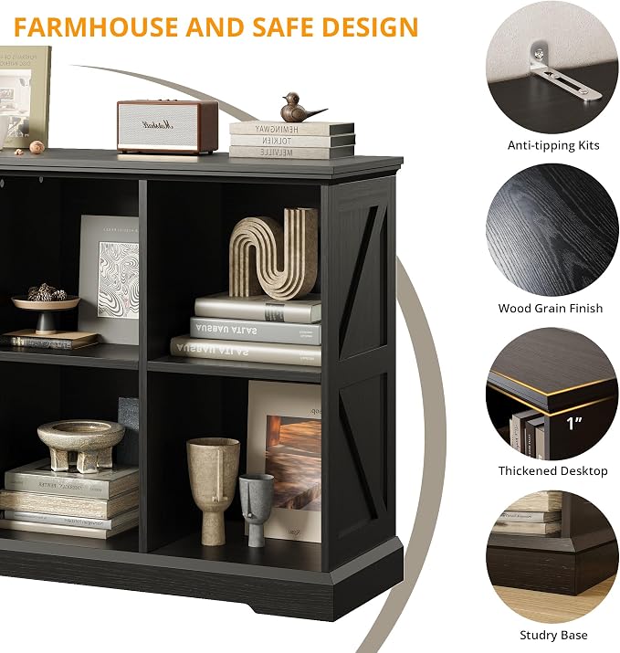 IRONCK 6 Cube Storage Organizer, Farmhouse Wood Bookshelf | Black finish, anti-tip design, cube shelf unit for bedroom, living room, home office, books or decor