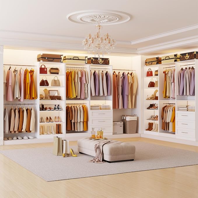 Closet System of 3 Sets, 6-15FT Closet Organizer System Wood with 3 Drawers & 7 Shelves, Walk in Closet Organizer Shelving System with 6 Hanging Rods, Modular Closet System Kits Adjustable, White