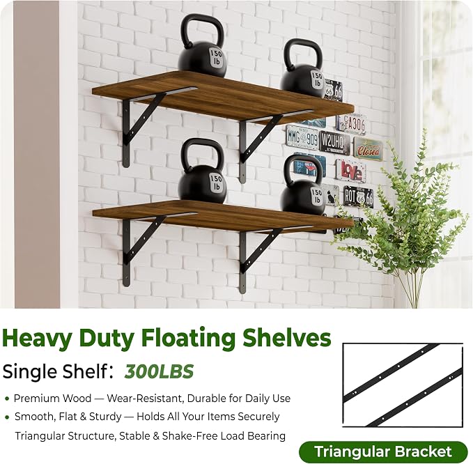 Dogsky 2-Pack Garage Storage Shelving Wall Mounted, 3x2Ft (36x24In) Heavy Duty Wood Floating Wall Shelf, 300lbs Capacity Shelves for Garage, Closets, Utility Rooms and Kitchens, Walnut