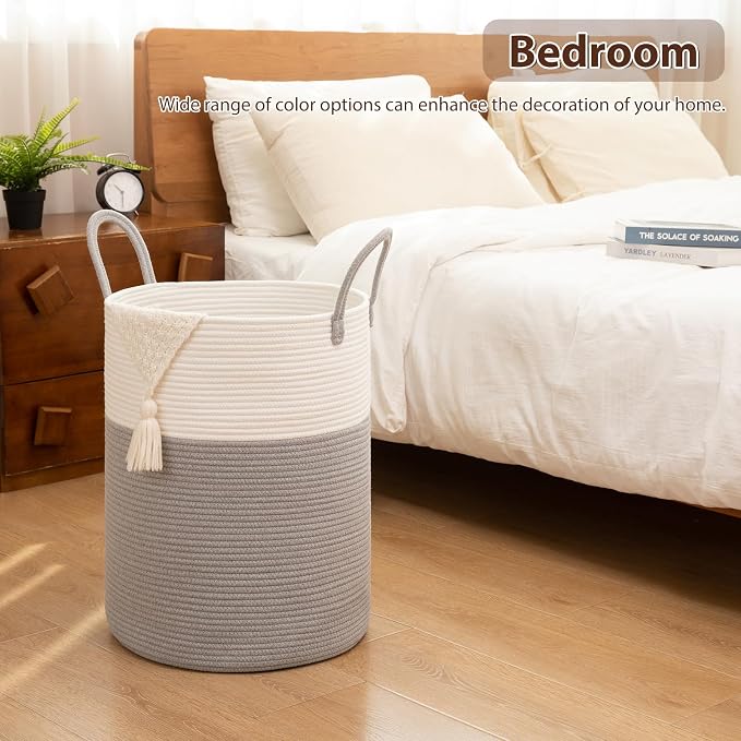 OIAHOMY Large Laundry Basket Hamper - 80L Cotton Rope Woven Basket for Blankets, Toys, Clothes - Tall Decorative Nursery Hamper with Long Handles, Grey/White