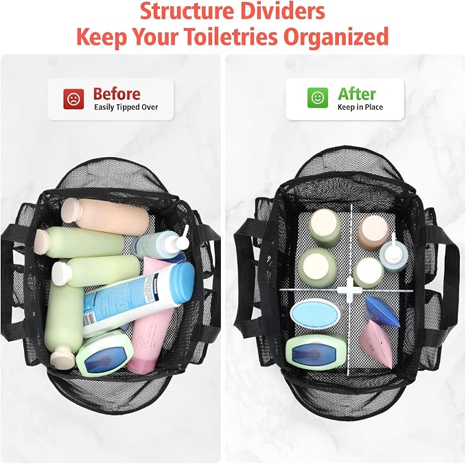 Mesh Shower Caddy Portable with Dividers - 2-Handle Shower Bag for Dorm | 8 Deep Pockets, S-Hook, Quick-Dry Mesh, College Dorm Room Essentials for Girls, Camping, Gym, Travel & Bathroom, Black