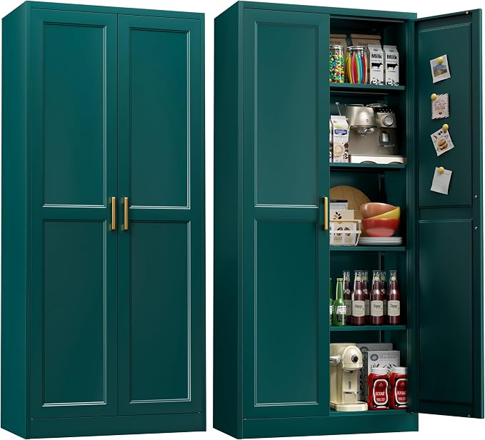UNICOLY 71" Kitchen Pantry Cabinet, Metal Pantry Storage Cabinet with Doors | Tall Storage Cabinet with 4 Shelves, Storage Cabinets for Kitchens, Living Room, Dinning Room, Assembly Required，Blue
