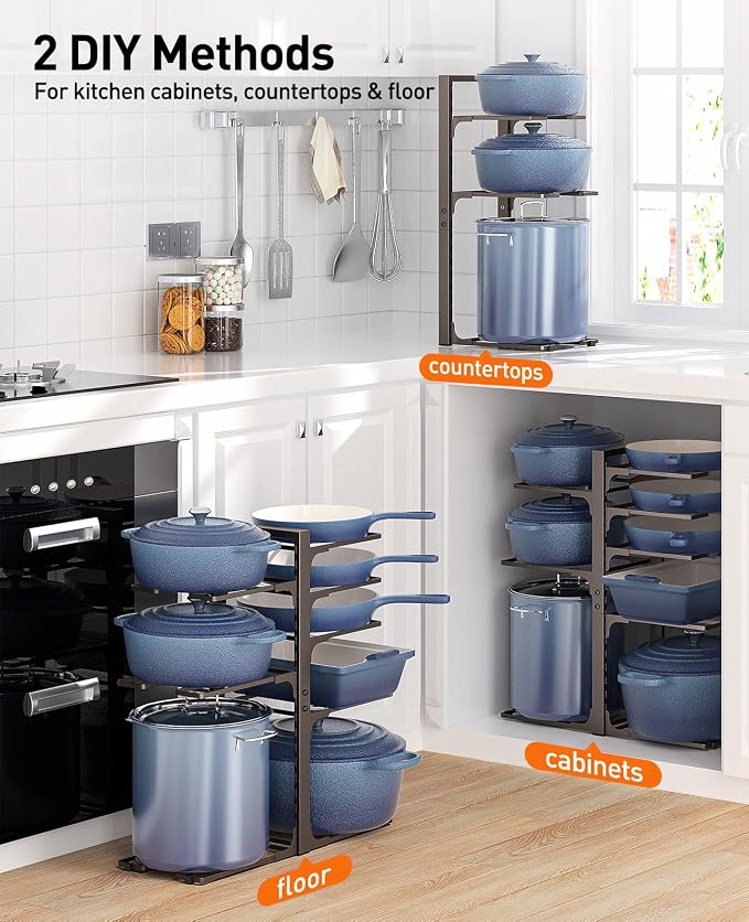 Pots and Pans Organizer Under Cabinet 20.8" 8-Tier Adjustable Bronze | 2 DIY Modes, Tool-Free Assembly, Max 120 Lbs, Fits Large Stockpots, Cast Iron Pans & Heavy Cookware, For Kitchen Cabinets
