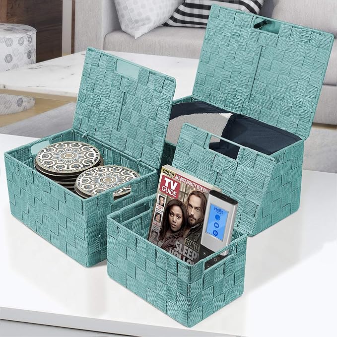 Sorbus Set of 3 Hand-Woven Storage Baskets with Lids – Decorative Wicker Organizers for Home, Closet, or Shelves (Aqua)