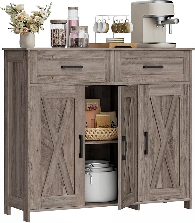 Homhedy Coffee Bar Storage Cabinet with Drawers, Kitchen Buffet Cabinet | Sideboard Cabinet with Doors, Farmhouse Buffet Cabinet, Adjustable Shelves, for Kitchen / Dining / Living Room, Greige