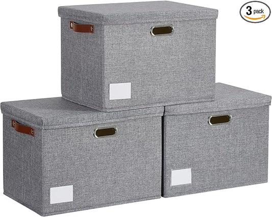15" Large Collapsible Storage Bins with Lids, Stackable Closet Organizers with PU Handle and Labels, 3-Pack Decorative Fabric Storage Boxes for Home, Bedroom, Closet, Office, Nursery(Gray)