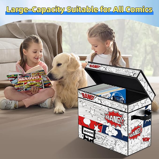 2 Pack Comic Book Storage box, Collection 15.8" X 7.8" X 11.8", Collapsible Holds 160-180 Comic Book Short Box Organizer Container Holder Shelf(Cartoon Clock)