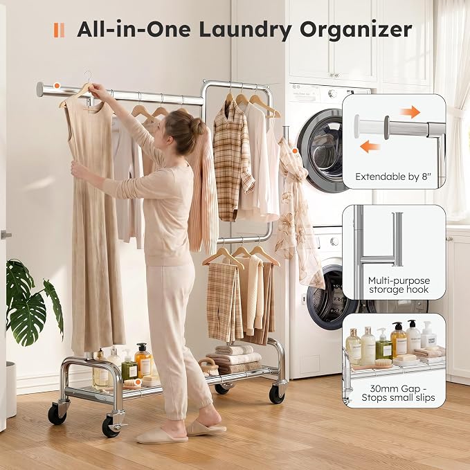 SOLEDI Heavy Duty Partitioned Clothes Rack, 600 LBS Load Metal Garment Rack with Shelves & Lockable Wheels, Rolling Hanging Rack for Bedroom, Laundry Room, Store & Garage (Silver)
