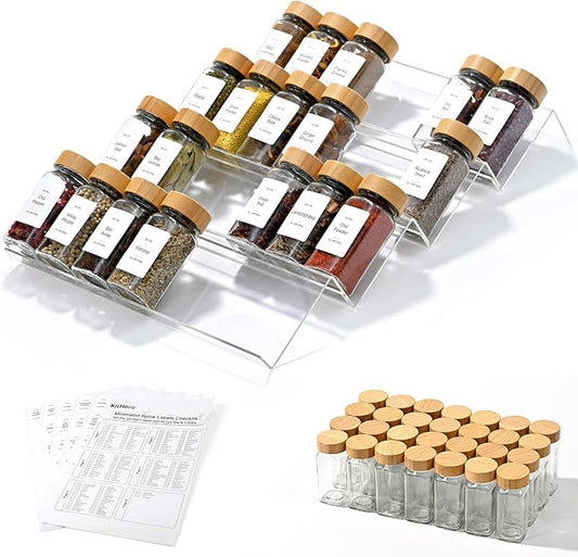 Acrylic Spice Drawer Organizer with 28 Spice Jars and 216 Labels,Non-slip Rubber, 4 Tier Spice Racks Tray Seasoning Containers for Kitchen Drawers,Cabinets,Countertops,13" Wide * 18" Deep