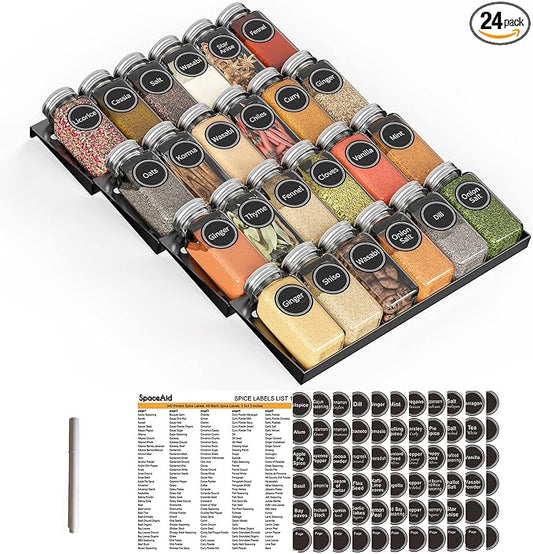 SpaceAid Spice Drawer Organizer with 24 Spice Jars, 386 Spice Labels, 4 Tier Seasoning Rack Tray Insert for Kitchen Drawers, 11.25" Wide x 17.5" Deep