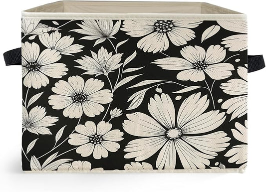Black and White Floral Storage Box Bins, Vintage Botanical Daisy Flower Collapsible Storage Basket Organizer for Bedroom Laundry Room Home Clothes Books, Decor for Room