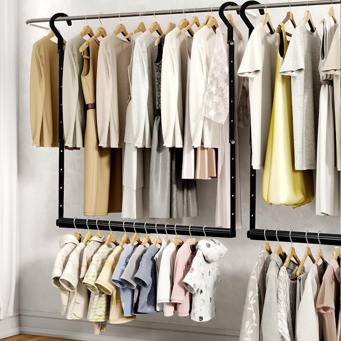 STORAGE MANIAC Adjustable Closet Rod for Hanging Clothes, 1 Pack Black | Expandable 17.9"-29.7" Heavy-Duty Metal Closet Hanging Rod with 9 Height Adjustments, Space-Saving Double Closet Organizer