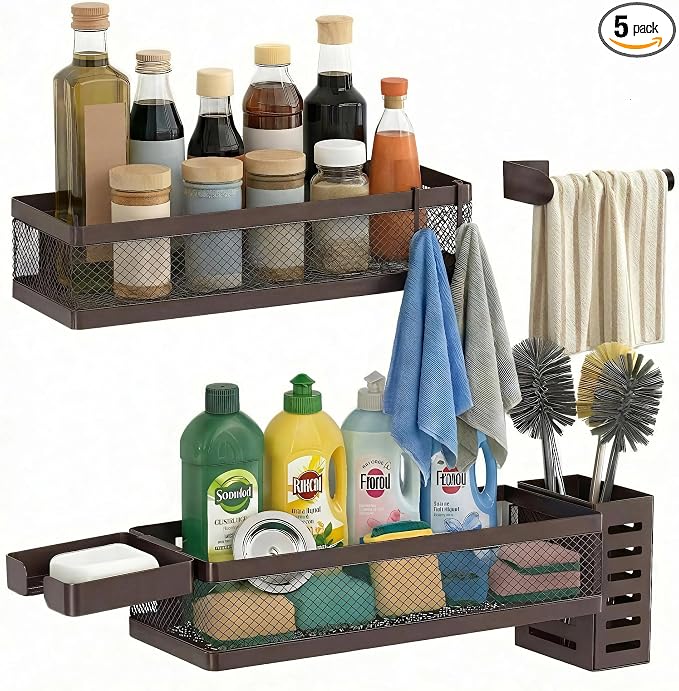 PUSDON 5-in-1 Wide Wall Mount Wrapped Mesh Kitchen Organizer & Shower Caddy Kit, with Paper Towel Holder, Utensil Holder, Soap Dish, Heavy Duty 50LBS - Vintage Bronze, Netting