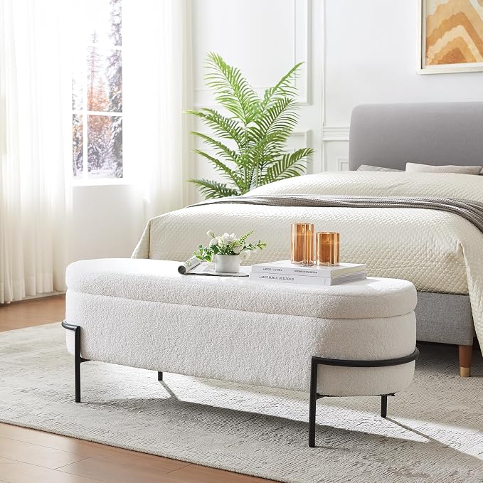 FiveWillowise 45 Inch Sherpa Storage Ottoman Bench,End of Bed Bench | Upholstered Boucle Storage Bench with Storage,Metal Stand and Hinges,Oval Ottomans for Living Room,Bedroom,White