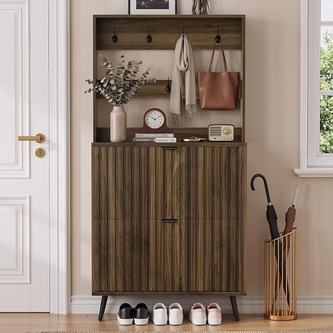 Smart FENDEE Tall Shoe Cabinet with Coat Rack,Fluted Shoe Cabinet Storage for Entryway, Walnut Hidden Shoe Cabinet with Metal Legs,Shoe Organizer Cabinet, Slim Entryway Shoe Storage Cabinet （31.5in）