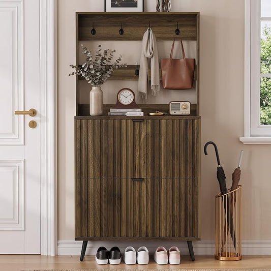 Smart FENDEE Tall Shoe Cabinet with Coat Rack,Fluted Shoe Cabinet Storage for Entryway, Walnut Hidden Shoe Cabinet with Metal Legs,Shoe Organizer Cabinet, Slim Entryway Shoe Storage Cabinet （31.5in）