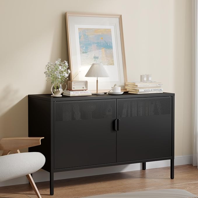 Metal Storage Cabinet with 2 Doors & Adjustable Shelves, Black | 25"H Accent Cabinet, Metal Locker Storage Cabinets, TV Stand Cabinet for Home, Office, Living Room, Entryway