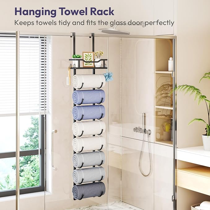 SWTYMIKI Over the Door Towel Rack - 9 Tier Towel Racks for Bathroom Wall Mounted, Towel Holder with Shelf, Hanging Rolled Towel Storage Organizer for Small Bathroom, Camper, RV, Black