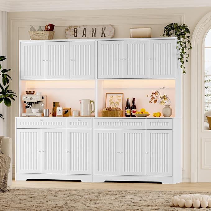 BORNOON Pantry Cabinet with Charging Station and Light, Tall Kitchen Pantry Storage Cabinet with Microwave Stand, Wide Fluted Kitchen Hutch with Storage Drawers and Adjustable Shelves for Dining Room