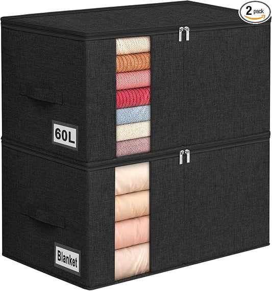 60L Rigid-Sided Blanket Storage Bags, 2 Pack, Black | Rigid Sides and Bottom, Stackable Design, for Comforters, Quilts, Bedding, Pillows and Clothes, Closet and Dorm Organization